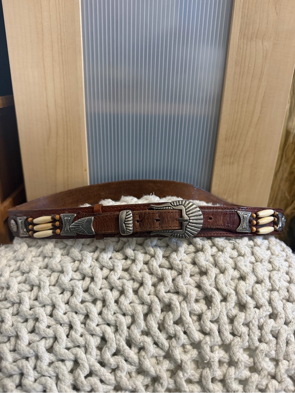 Larko Vintage Southwestern Leather Bone Hairpipe Belt Brown Size L